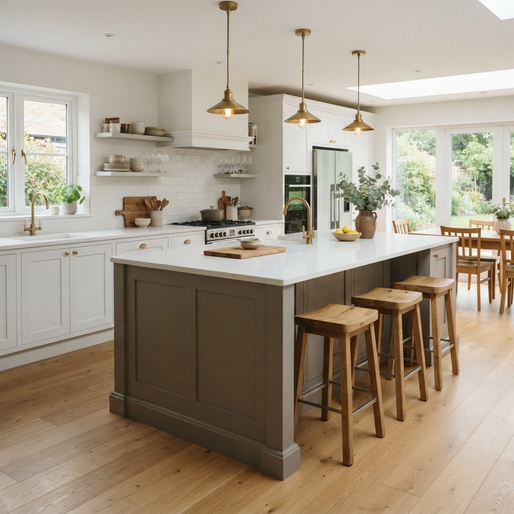 Kitchen with white cabinets and an island painted mid-tone warm gray, brass pendant lights, a white worktop, wooden stools and an oak floor