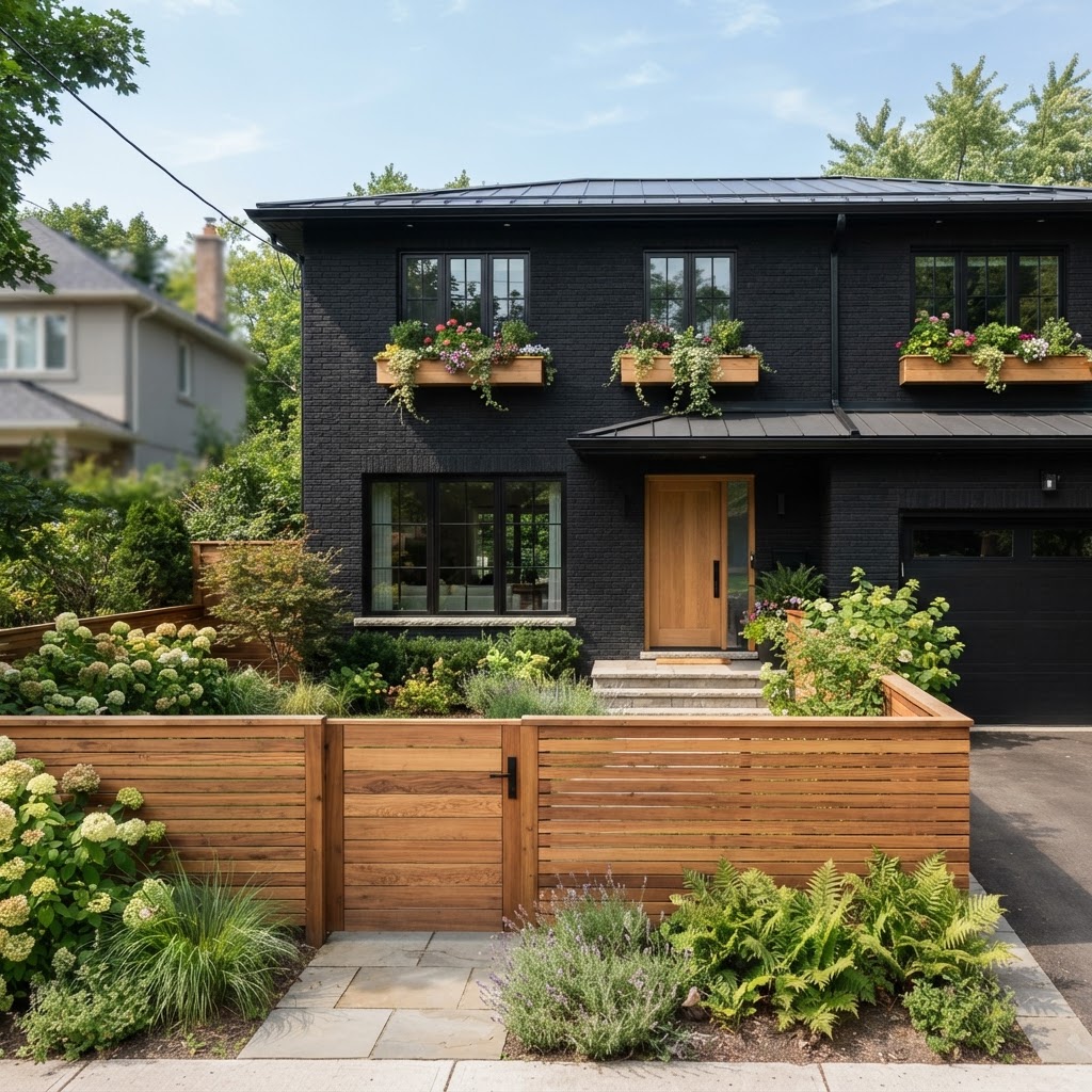 Black painted brick house with a natural oak front door, oak window boxes with trailing plants and a horizontal slatted cedar fence and gate along the front garden
