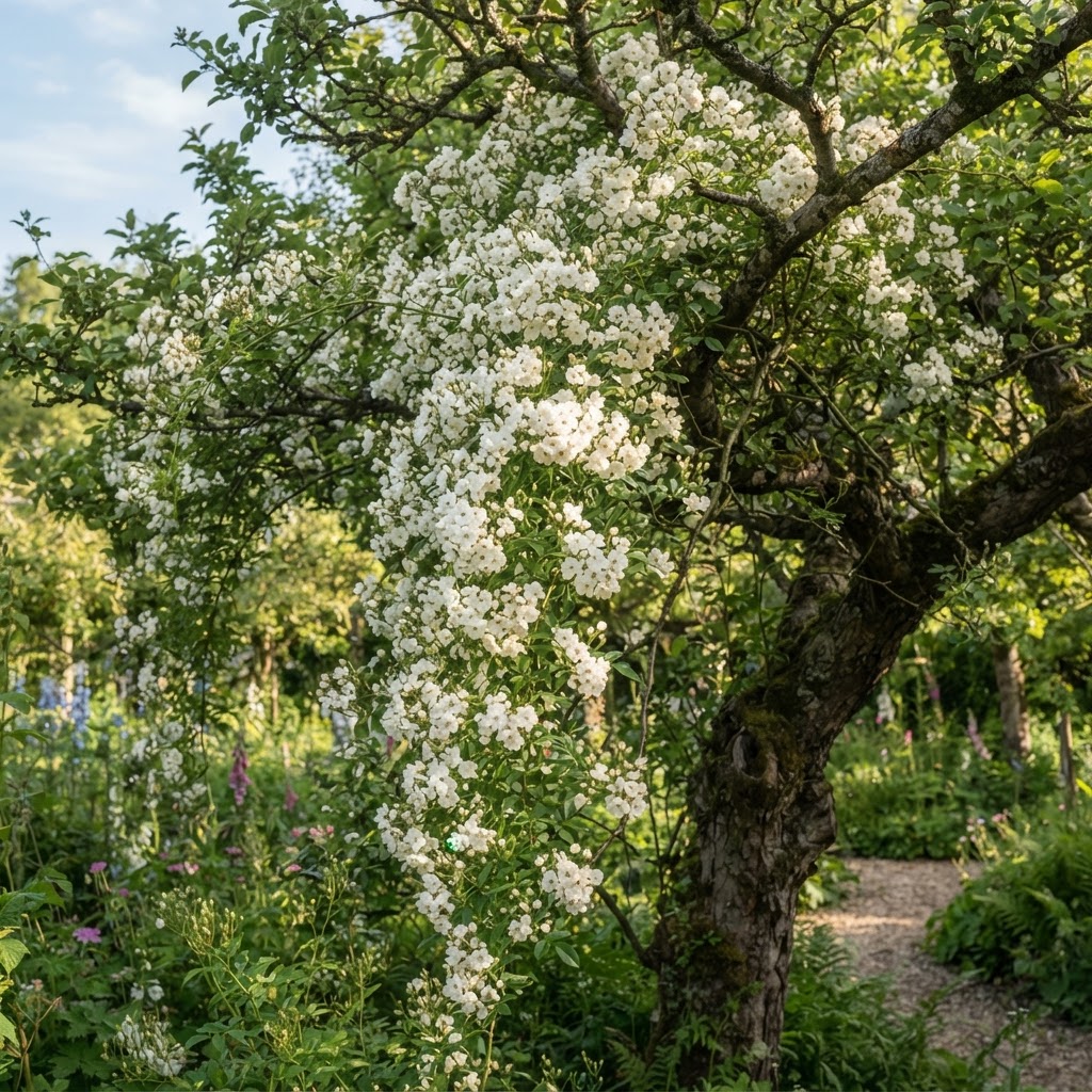 Rambling rose with clusters of small white flowers climbing into an old apple tree