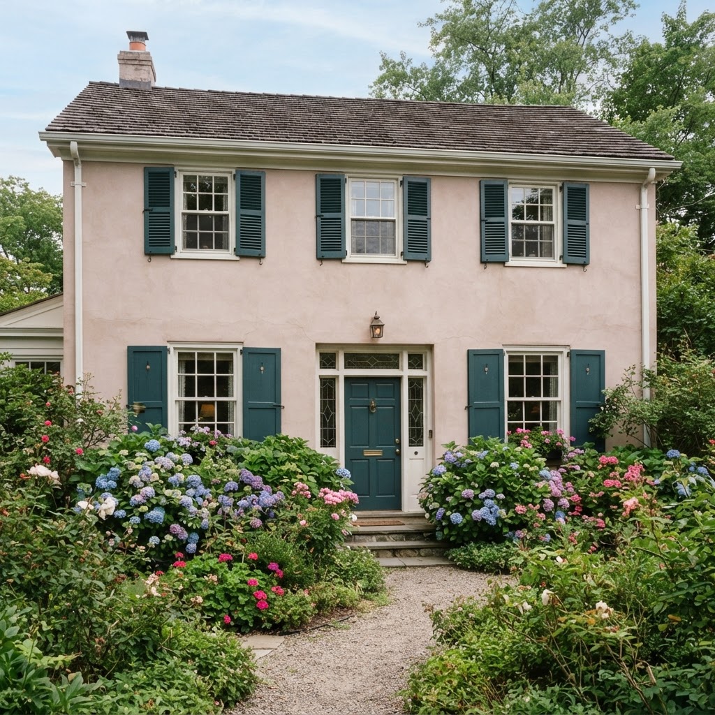 Soft pinkish beige house with stormy teal shutters and hydrangeas