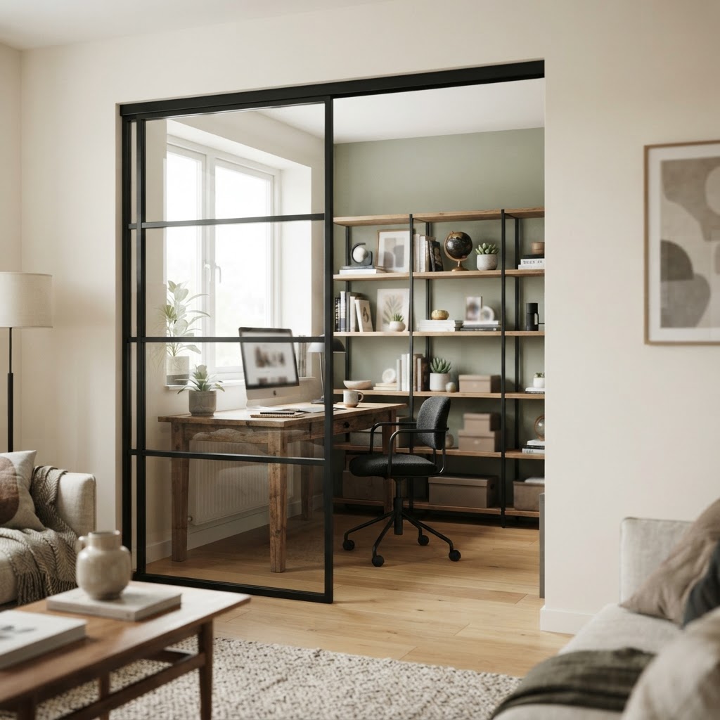 Small home office with a desk and shelves behind a black framed glass sliding door