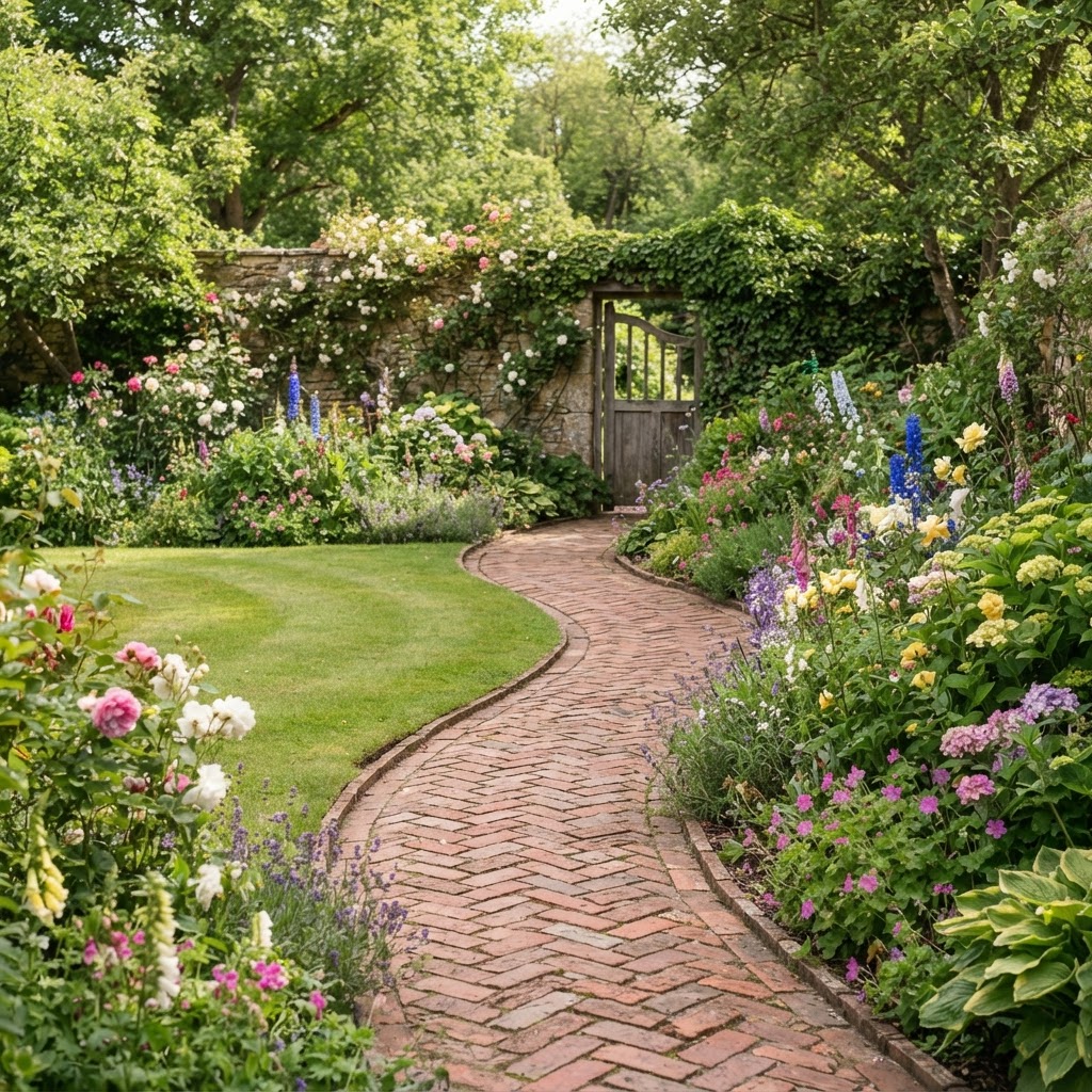 Curved red brick path winding through a lawn between flowering borders to a garden gate