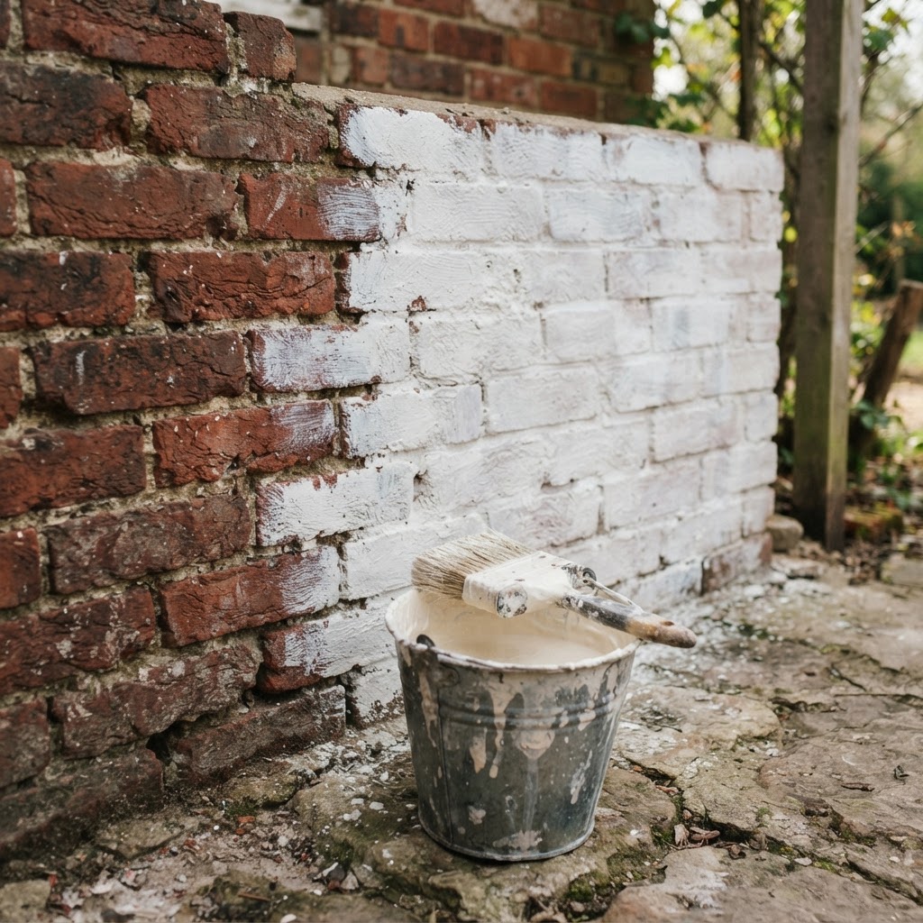 Red brick wall partly coated with fresh white limewash, with a wide limewash brush resting on a bucket below