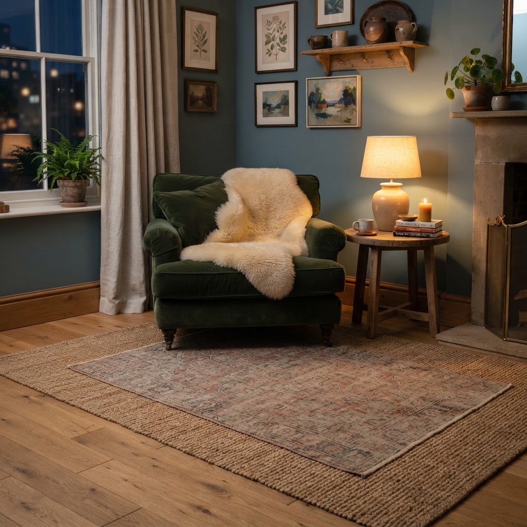 Cosy living room corner with a faded vintage-style rug layered over a natural jute rug, a green velvet armchair with a sheepskin throw, and a wooden side table with books and a glowing lamp