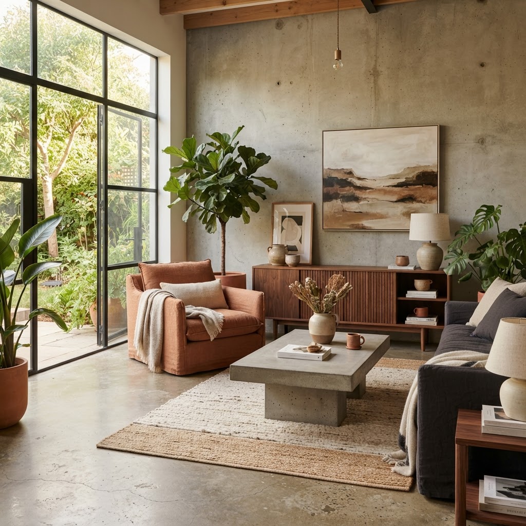 Modern living room with a polished concrete wall, a concrete coffee table, walnut furniture, a terracotta armchair and leafy plants