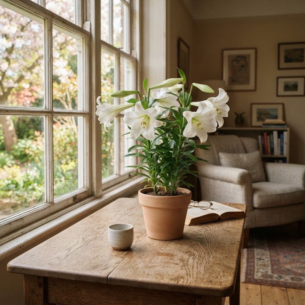 Potted white Easter lilies with long trumpet shaped flowers on a wooden table by a window in spring