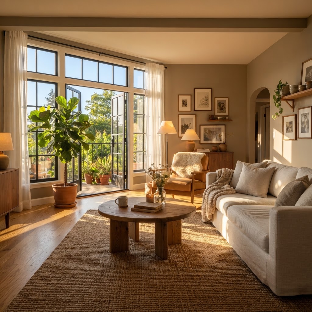 Sunny living room with warm greige walls glowing in golden afternoon light