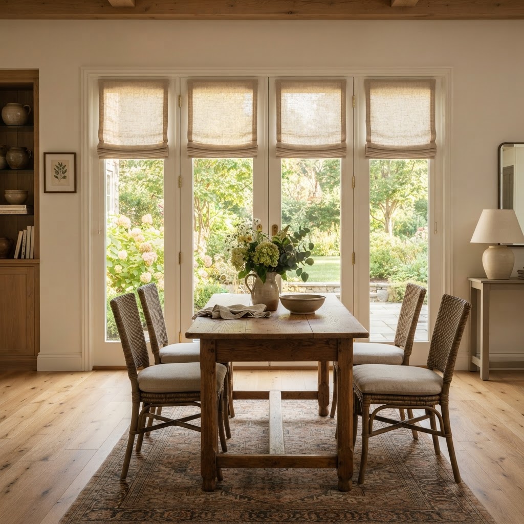 Oatmeal linen Roman shades above garden French doors in a cosy dining room