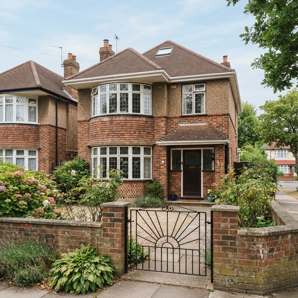 British 1930s semi-detached house with curved bay windows and a sunrise-pattern garden gate