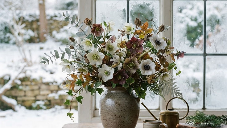 Winter flower arrangement of white and plum hellebores, white anemones and silver eucalyptus in a stoneware urn by a frosty window