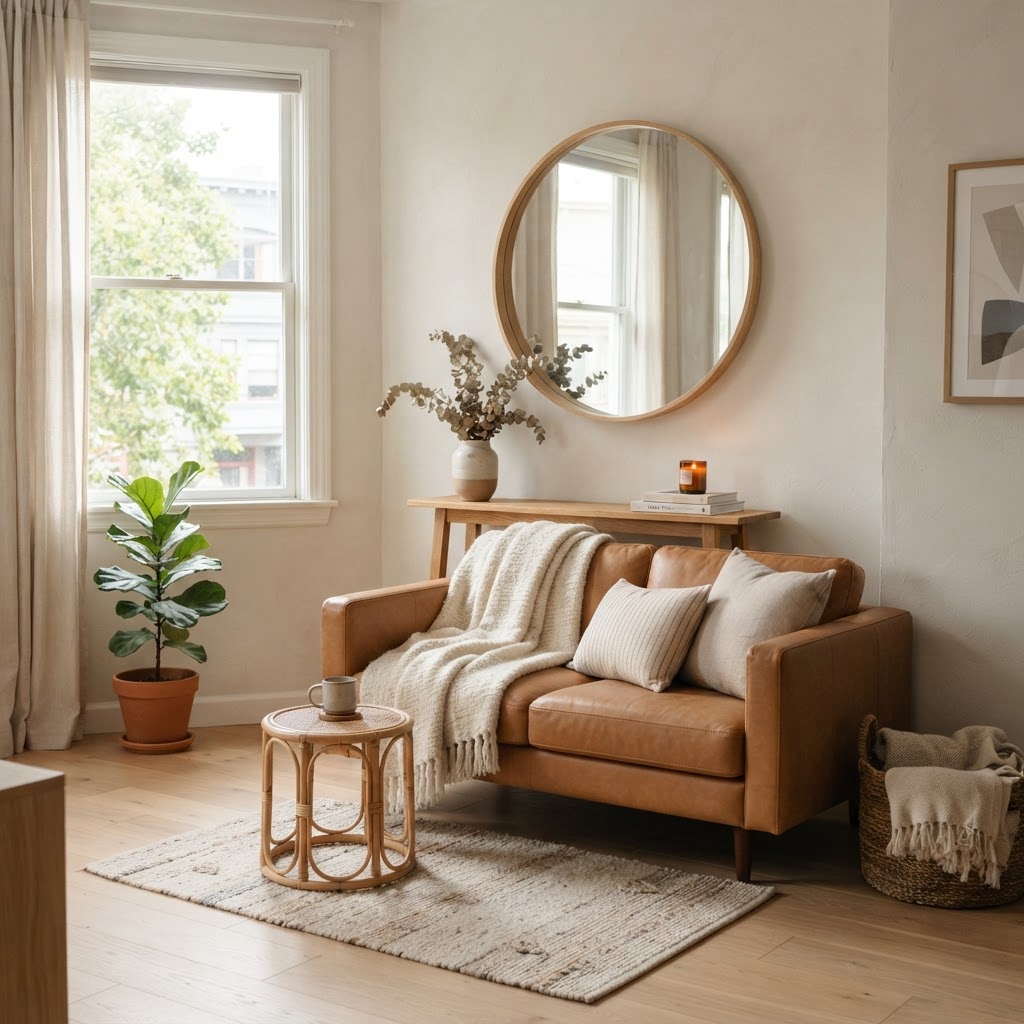 Small living room with a compact caramel tan sofa, a round mirror above a slim wooden console, light walls, a rattan side table and a small rug