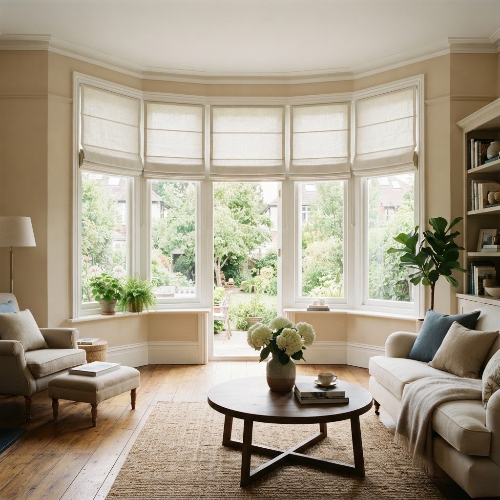 Angled bay window with a linen Roman blind on each window panel