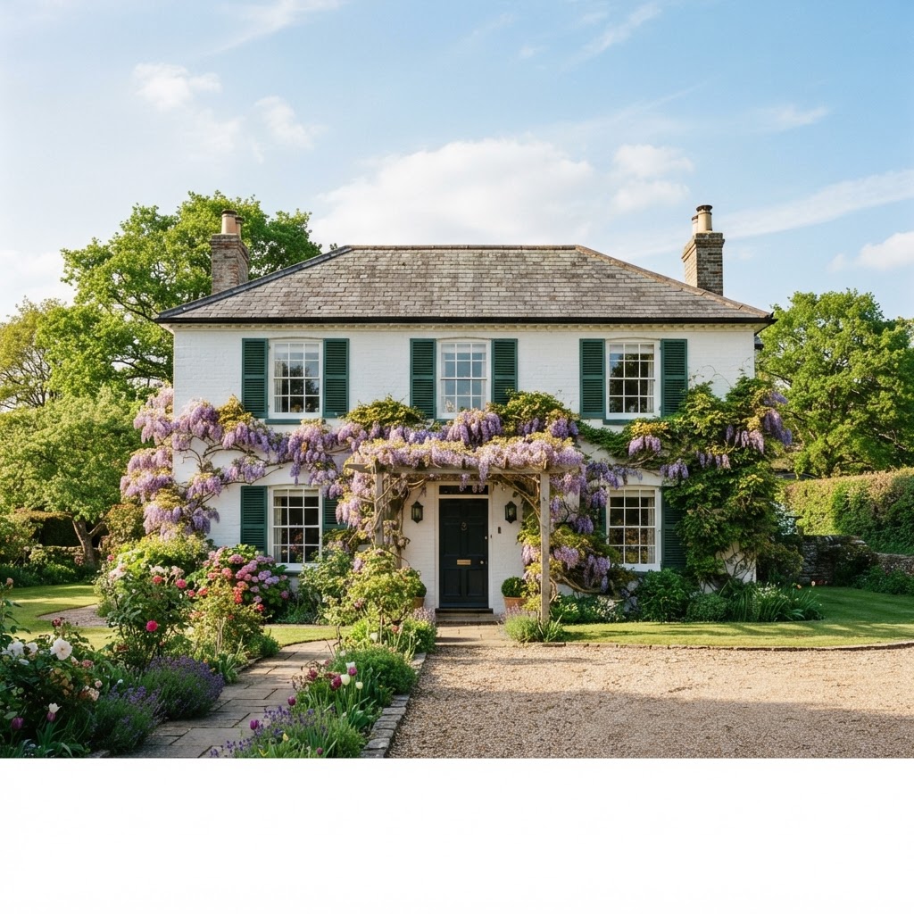 White painted brick house with deep green shutters, a black front door and purple wisteria climbing across the facade