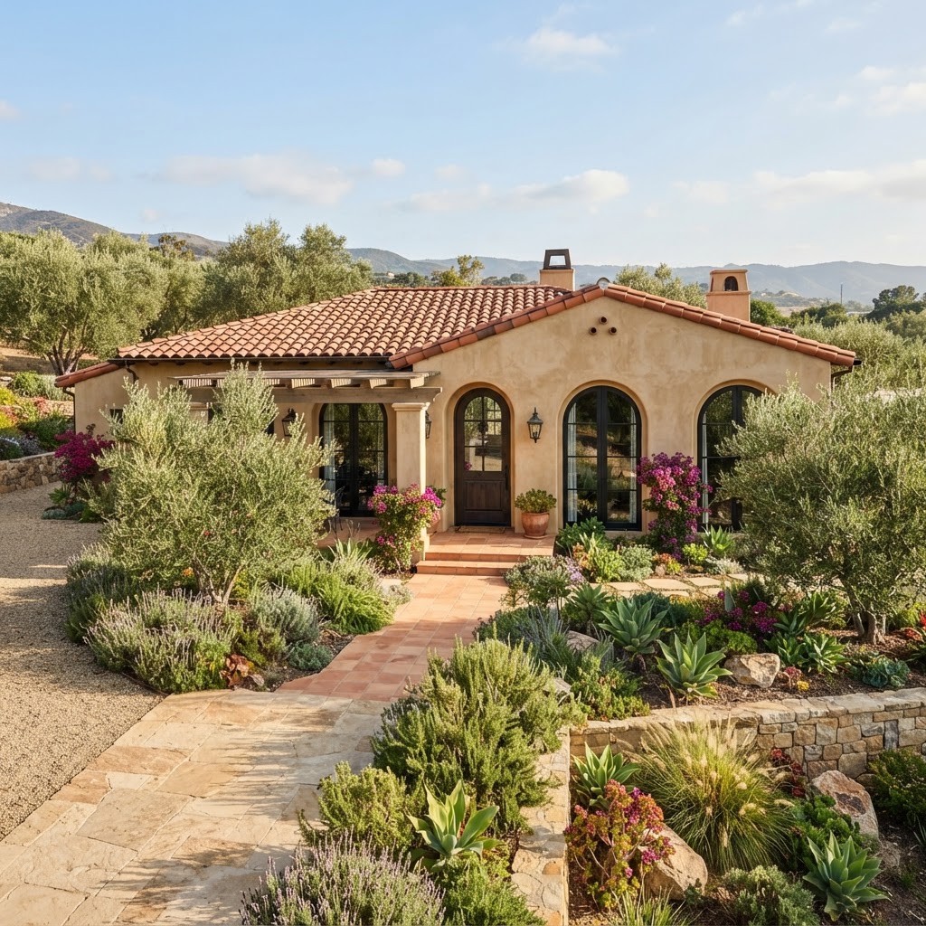 Tan stucco Spanish-style house with a terracotta tile roof, black arched windows and doors, olive trees and a drought-tolerant garden along a stone path