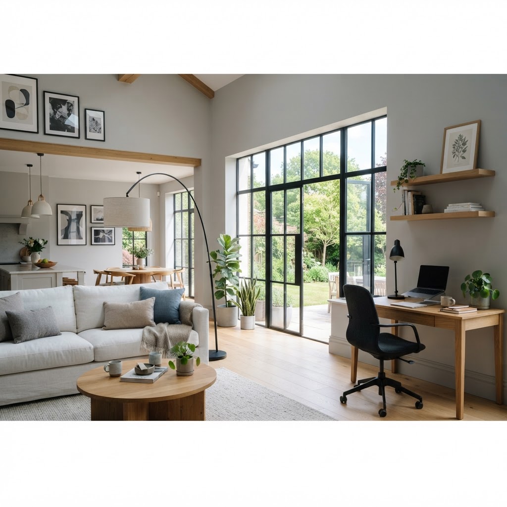 Open-plan living space with pale soft gray walls, tall black framed windows, a white sofa, a black floor lamp and a home office corner with a desk
