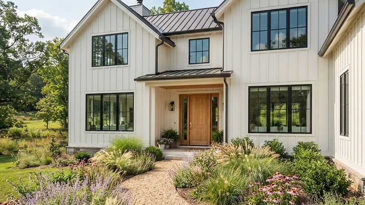 Warm white farmhouse with black grid windows and a natural wood front door