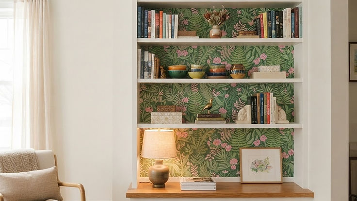 White built-in bookcase with the back of each shelf lined in green and pink botanical wallpaper, styled with books, ceramics, a table lamp and a small plant beside a cream armchair