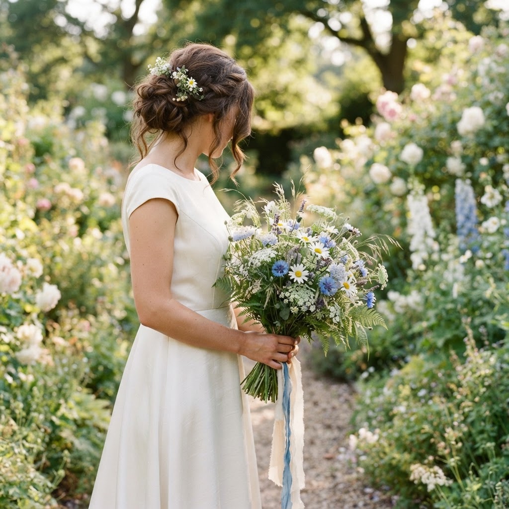 Bride holding a loose wildflower bouquet of white daisies, blue cornflowers, scabious and grasses in a summer garden