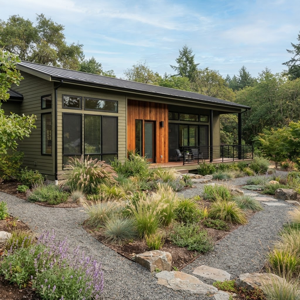 Olive green modern single-storey house with black window frames, cedar wood cladding accents and a gravel garden planted with grasses