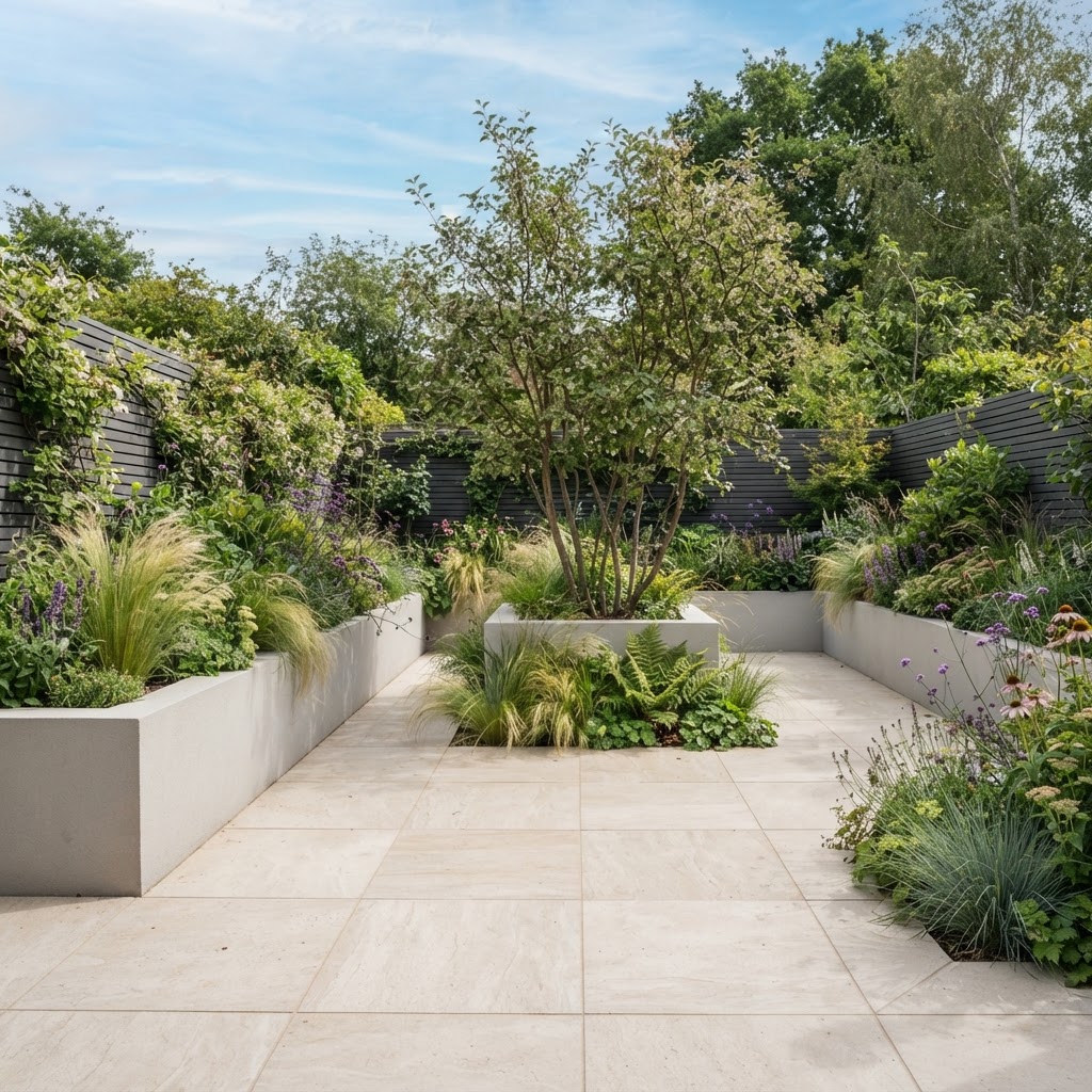 Modern garden with large pale porcelain paving slabs, rendered raised planters, ornamental grasses and a small tree