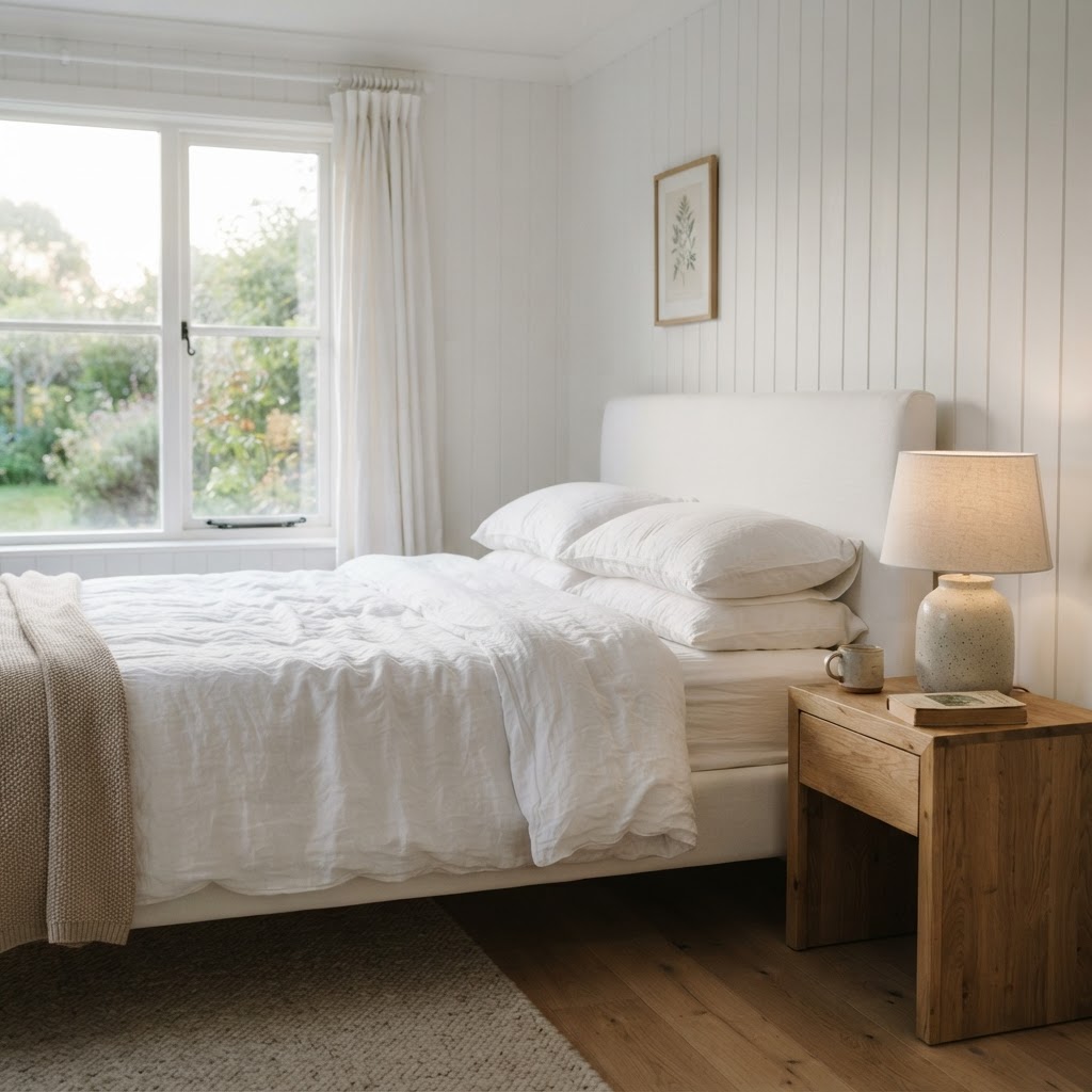 Bedroom with white panelled walls, white linen bedding, an upholstered headboard, an oak bedside table, a ceramic lamp and soft morning light