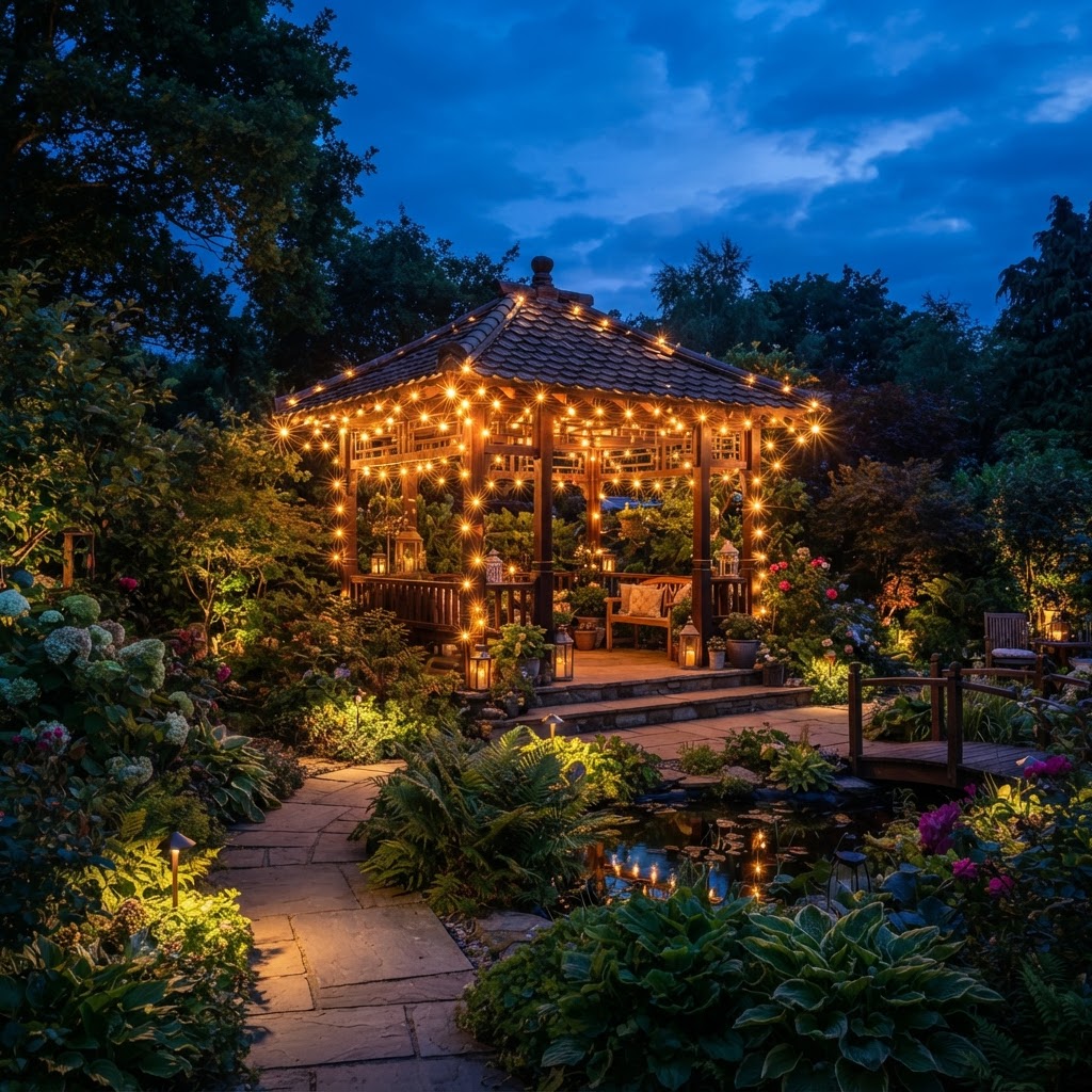 Timber garden pagoda glowing with warm festoon lights at dusk
