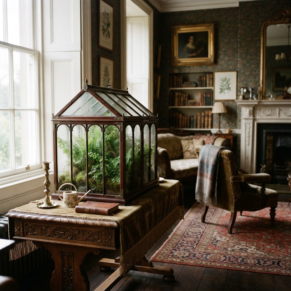 Victorian style glass and wooden Wardian case filled with ferns in an elegant period drawing room