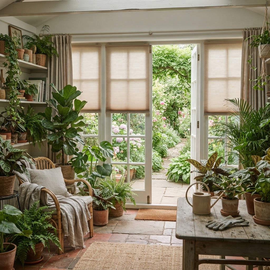 Soft beige pleated blinds on French doors in a garden room full of plants