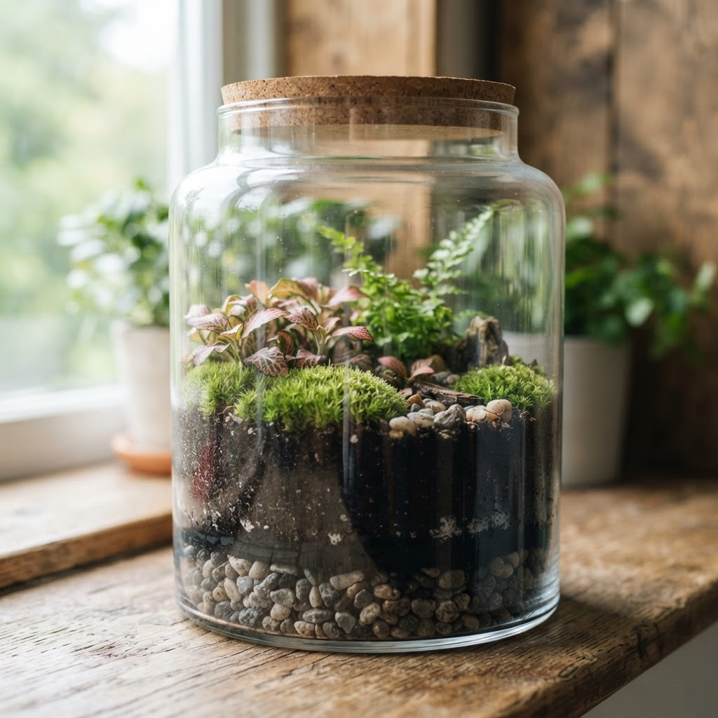 Side view of a glass terrarium showing layers of pebbles, charcoal and potting soil with moss and small plants on top
