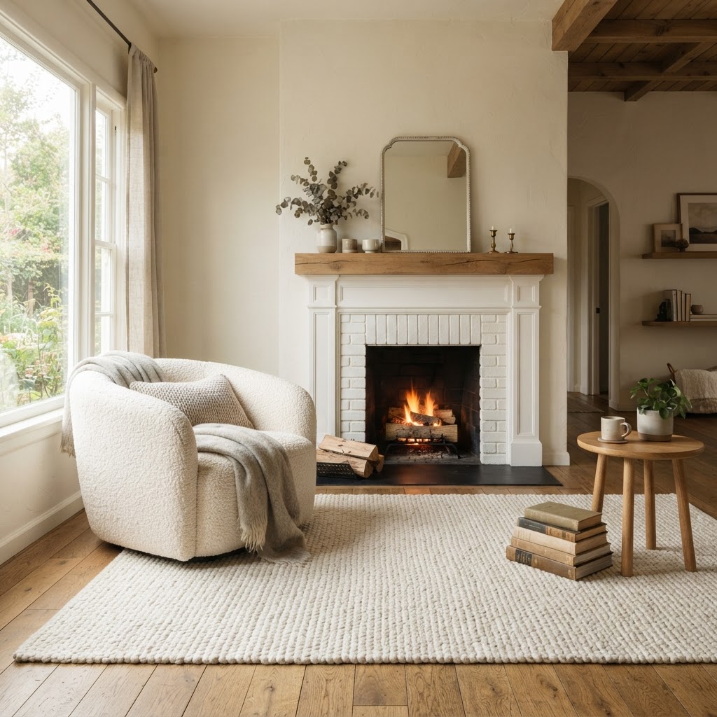 Living room with creamy warm white walls, a white painted fireplace with a lit fire, a cream boucle armchair, a wool rug and a stack of books