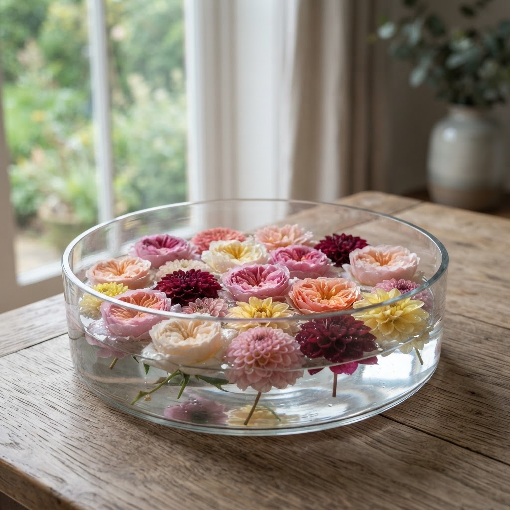 Flower heads of roses and dahlias floating in a shallow glass bowl of water on a table