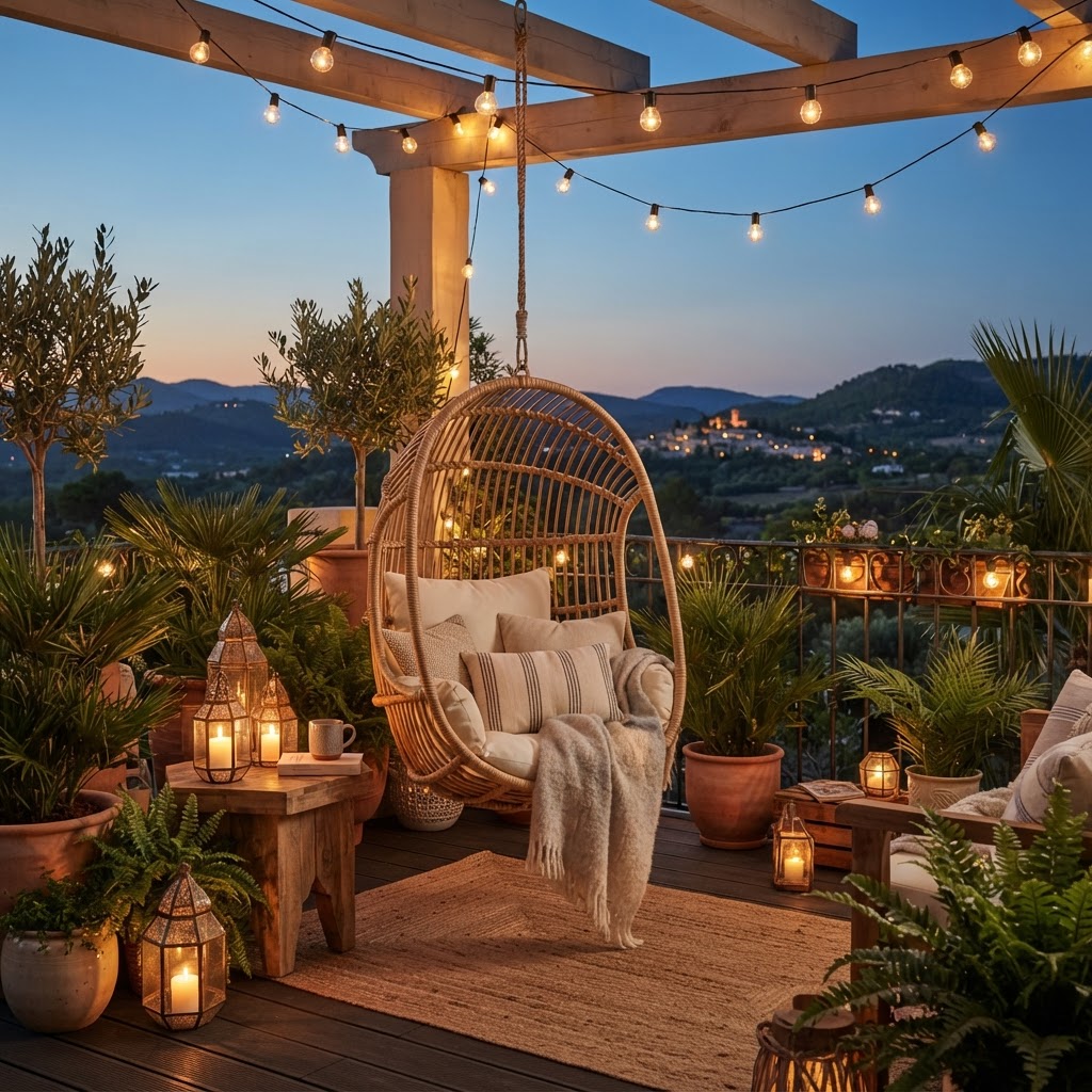 Terrace at dusk with a rattan hanging egg chair, lanterns, festoon lights and potted palms
