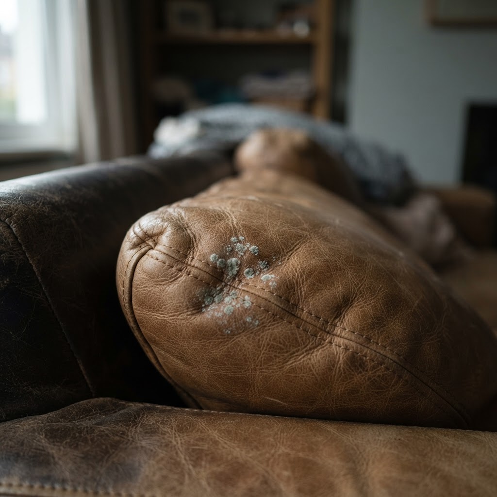 Close up of a tan leather sofa cushion with small patches of whitish mould on the leather in a dimly lit room