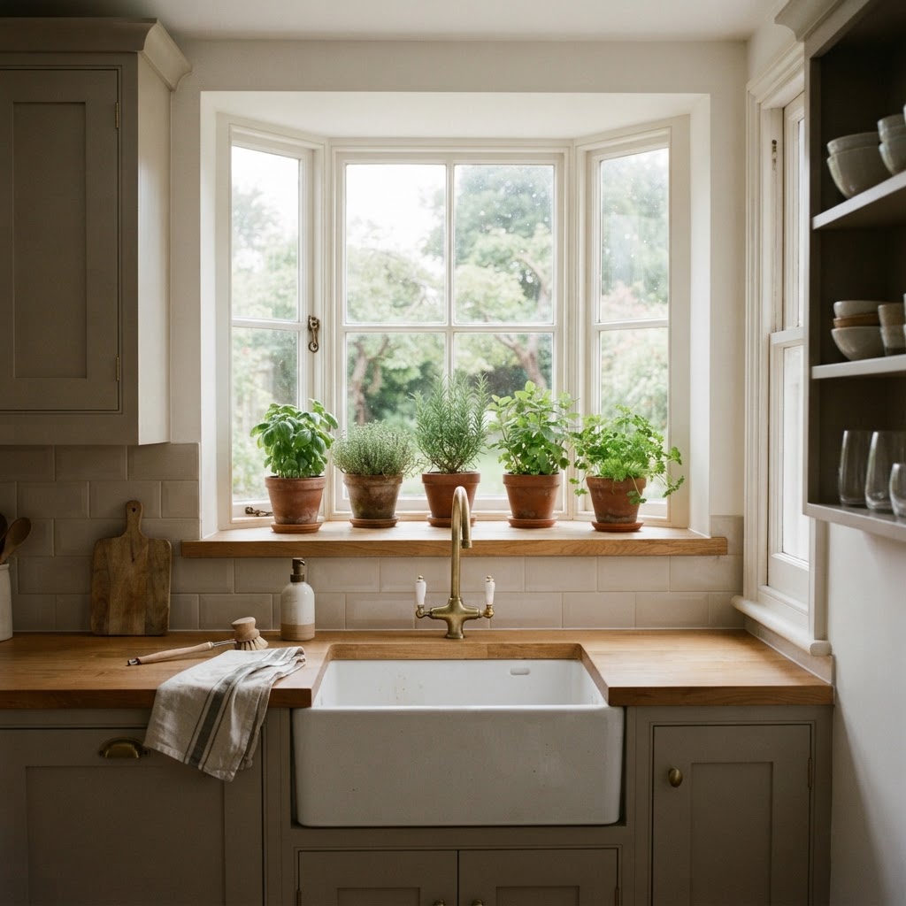 Kitchen window above a butler sink lined with pots of herbs