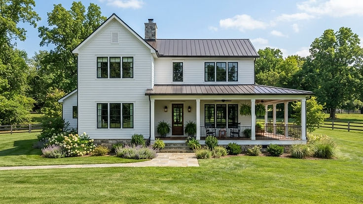 White modern farmhouse with black grid windows, a wraparound porch and a green lawn