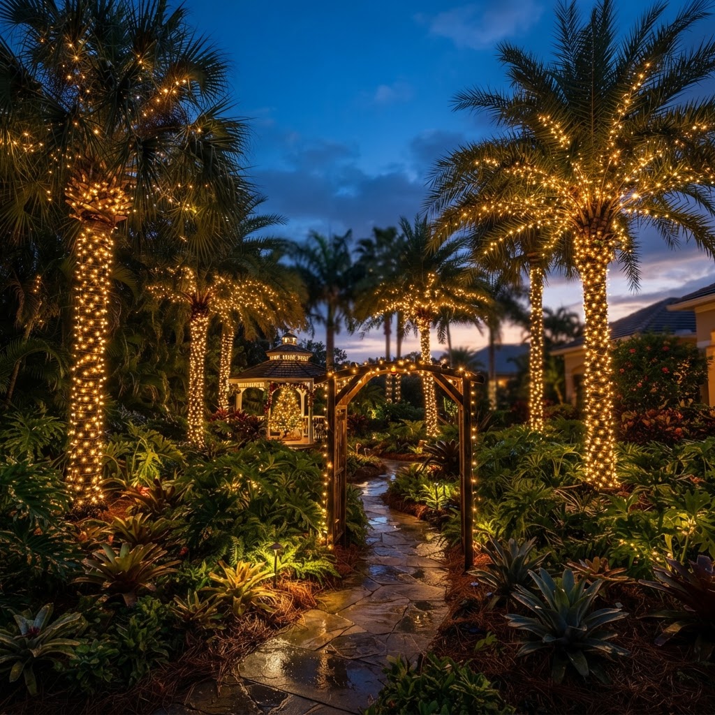 Garden palm trees wrapped in warm fairy lights at dusk at Christmas
