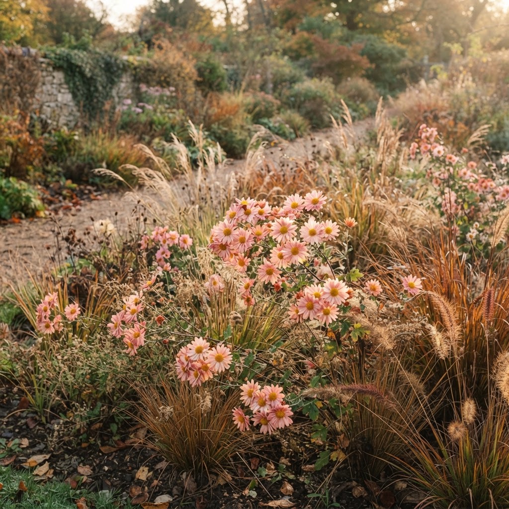 Apricot pink single chrysanthemums growing among ornamental grasses in a late autumn border