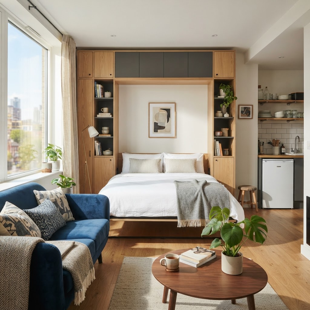 Compact studio apartment with a wall bed set into built-in shelving, a small kitchen and a blue sofa