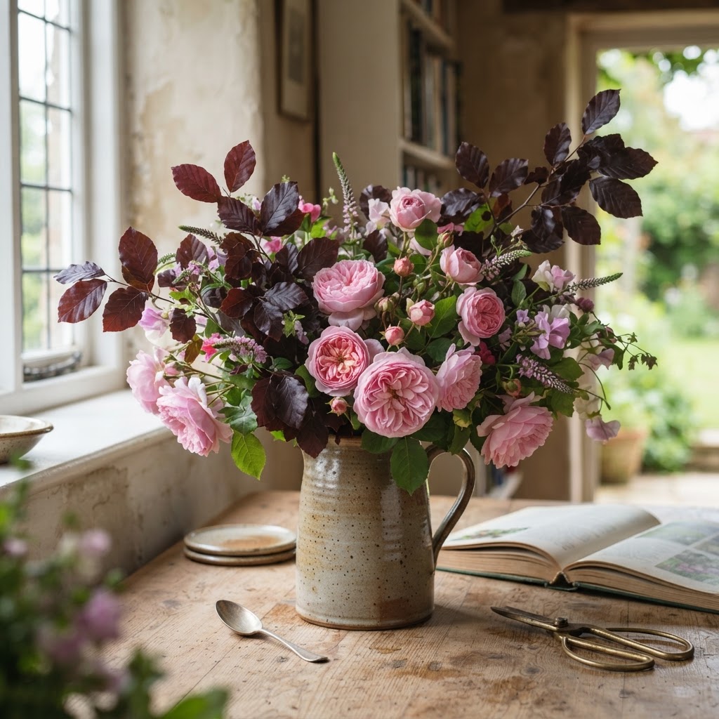 Copper beech branches with deep purple leaves arranged with pink garden roses in a jug