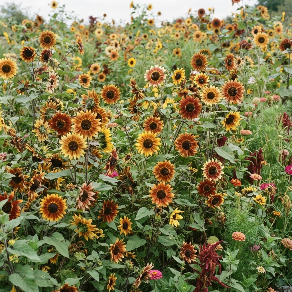 Mix of yellow, bronze and mahogany Autumn Beauty sunflowers growing together