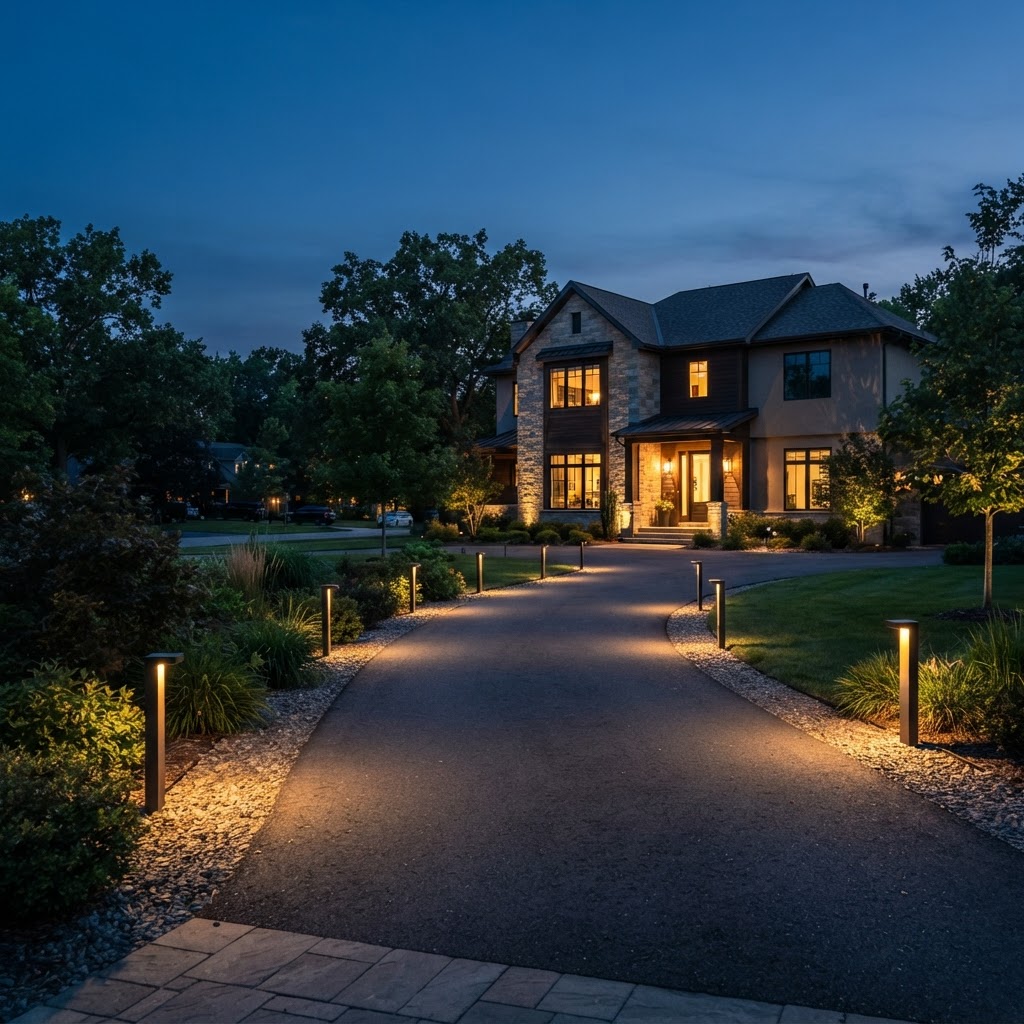 Curving driveway at dusk lit with low bollard lights along the edges