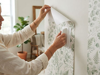 Hands applying sage green leaf print peel and stick wallpaper to a living room wall, peeling back the liner and smoothing it with a plastic tool