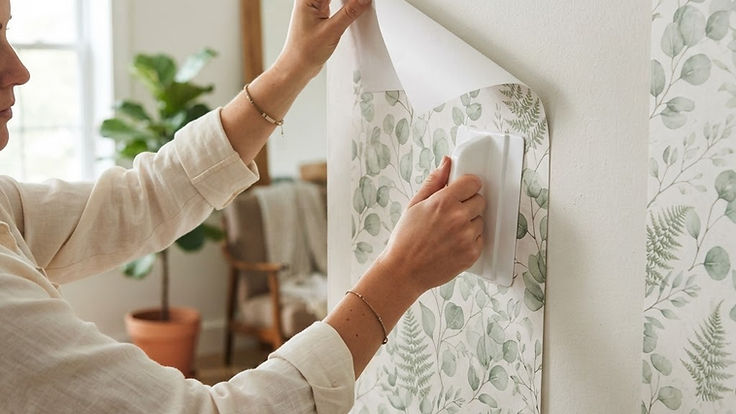 Hands applying sage green leaf print peel and stick wallpaper to a living room wall, peeling back the liner and smoothing it with a plastic tool