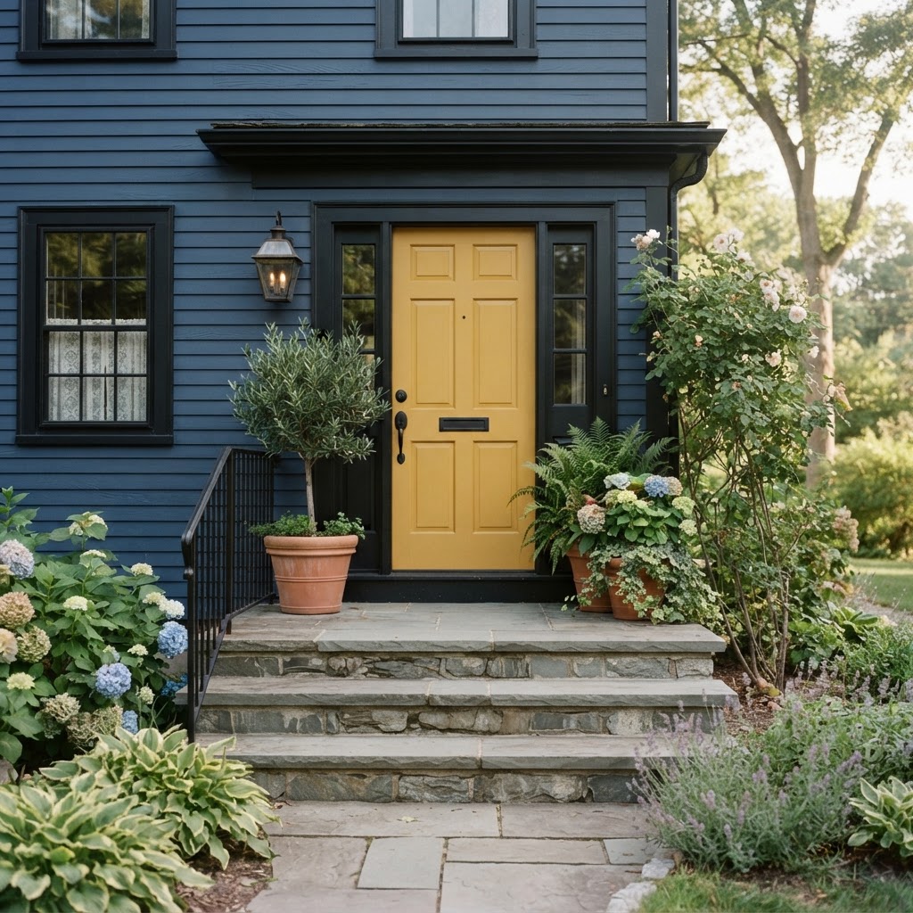 Front entrance of a navy blue house with black trim and window frames, a mustard yellow front door, a black lantern, potted olive tree and hydrangeas and gray stone steps