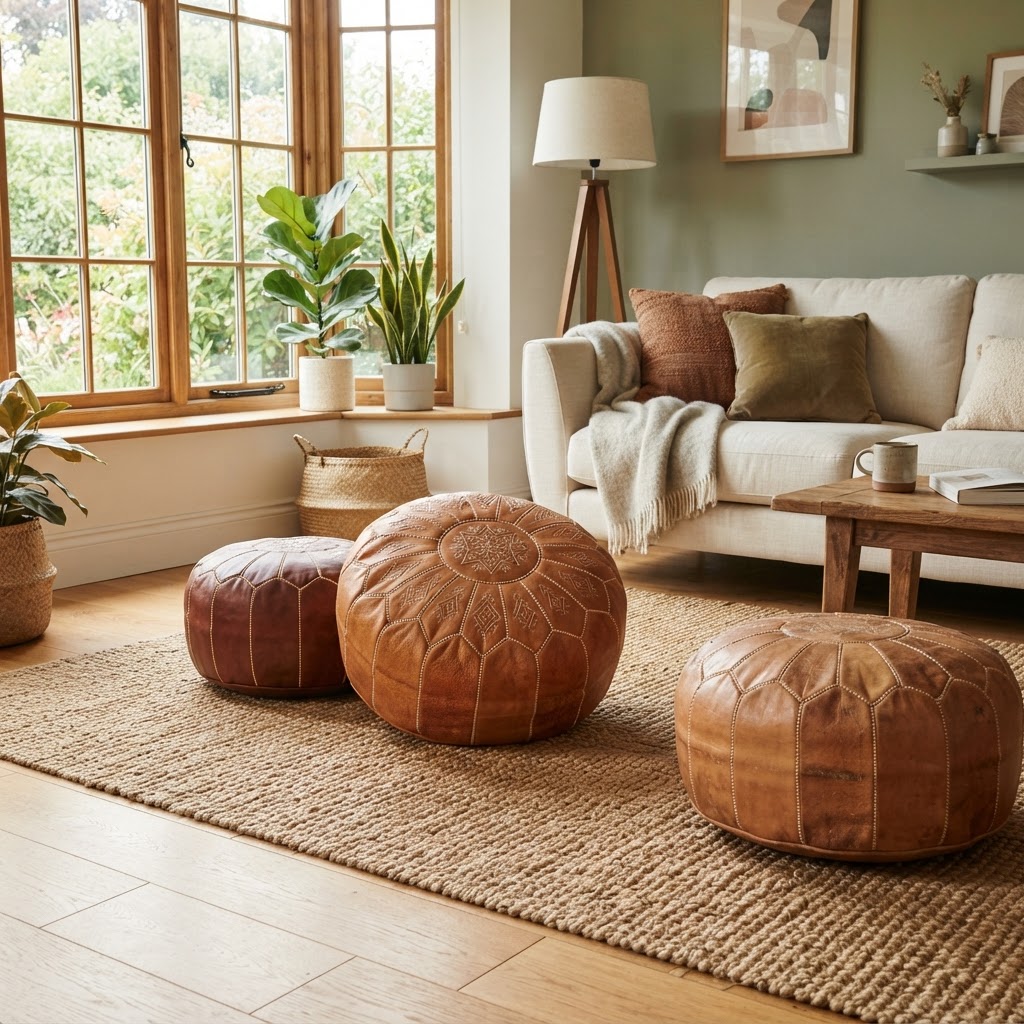 Round hand-stitched tan and brown leather poufs on a jute rug in a sunny living room