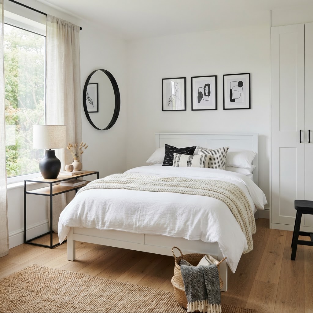 White bedroom with white furniture and black accents including a black lamp, black frames and a round black mirror