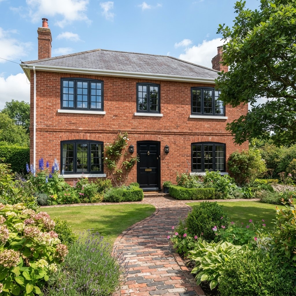 Red brick house with black-framed windows, a black front door, black lanterns and a front garden with a lawn, boxwood and a brick path