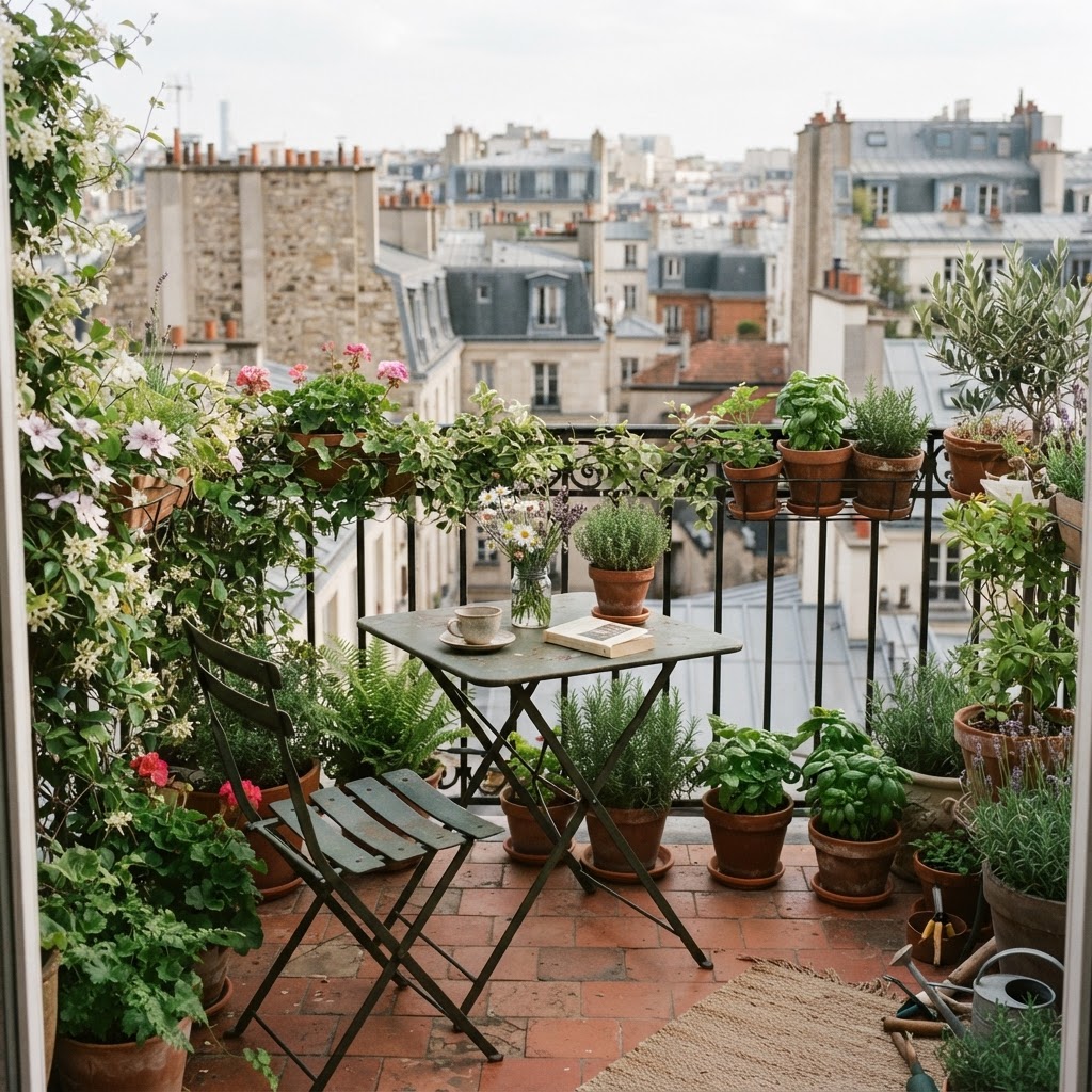 Small city balcony with a bistro table and chairs, potted herbs and flowers overlooking rooftops