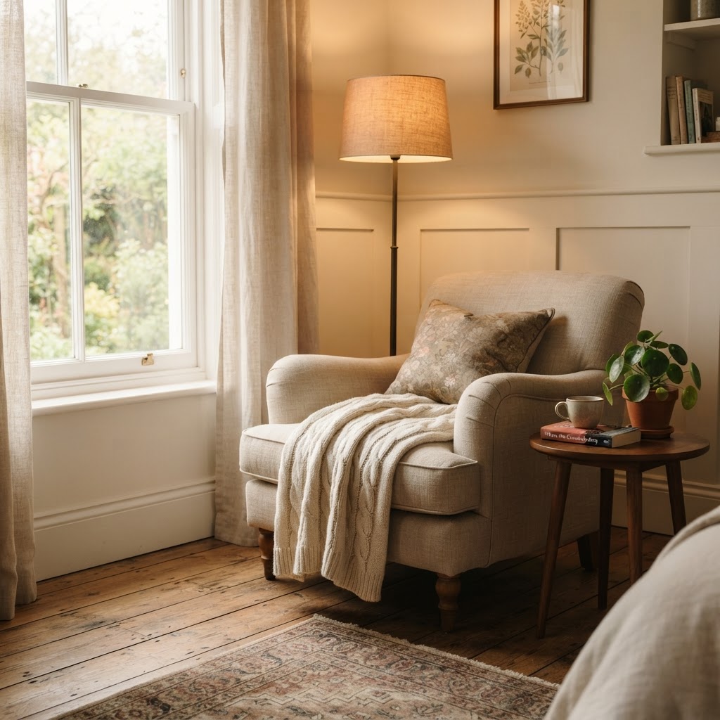 Cosy bedroom reading corner with an armchair, a knitted throw, a side table and a floor lamp with a fabric shade