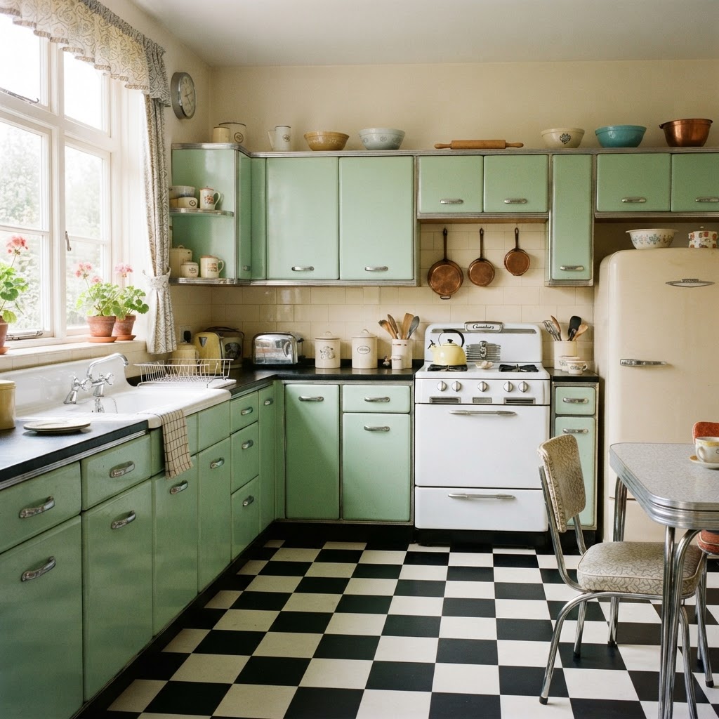 1940s-style kitchen with pastel green enamel cabinets and a checkerboard floor